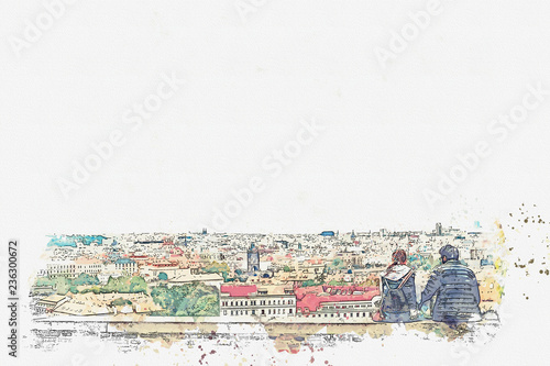 A watercolor sketch or an illustration. Young couple in love or friends are sitting and admiring the beautiful architecture in Prague.