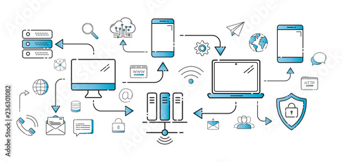 Multimedia tech devices and icons thin line connection