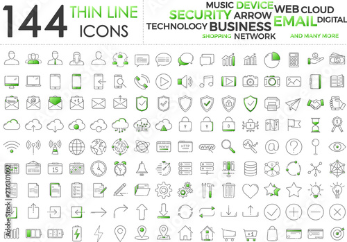 Black and green business thin line icons set on white background