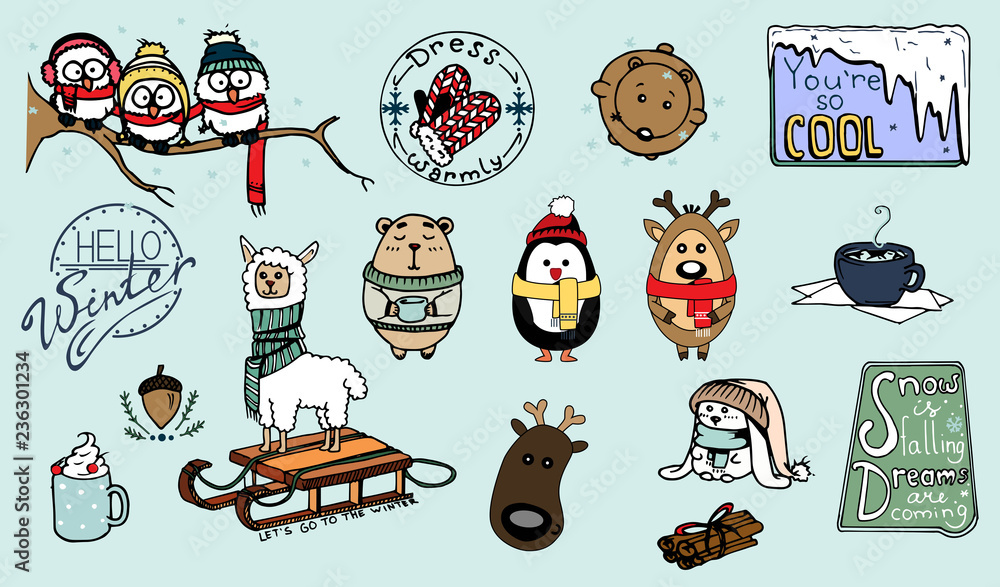 Christmas stickers. Holiday patches for your design. Hand-drawn.  New Year and Merry Christmas. Vector illustration.