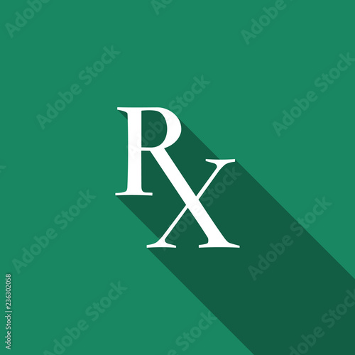 Medicine symbol Rx prescription icon isolated with long shadow. Flat design. Vector Illustration