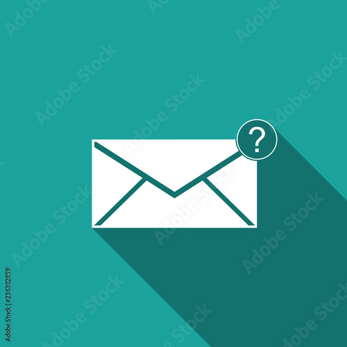Envelope with question mark icon isolated with long shadow. Letter with question mark symbol. Send in request by email. Flat design. Vector Illustration