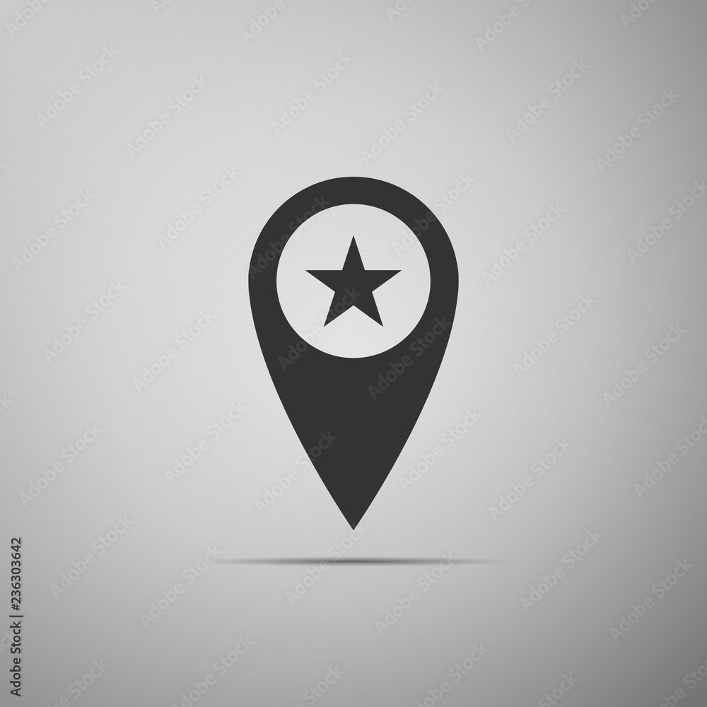 Map pointer with star icon isolated on grey background. Star favorite pin map icon. Map markers. Flat design. Vector Illustration Map pointer with star icon isolated on grey background. Star favorite pin map icon. Map markers. Flat design. Vector Illustration