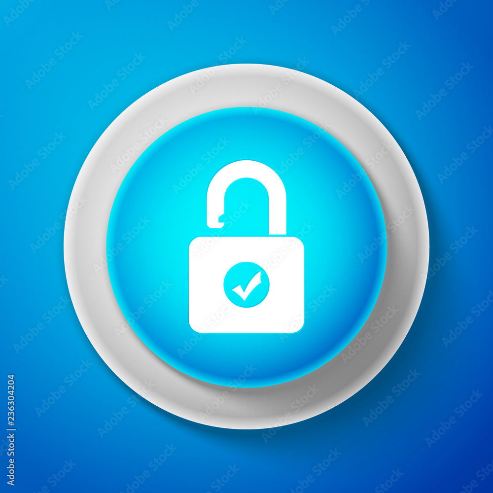 White Open padlock and check mark icon isolated on blue background. Security check lock sign. Circle blue button with white line. Vector Illustration White Open padlock and check mark icon isolated on blue background. Security check lock sign. Circle blue button with white line. Vector Illustration