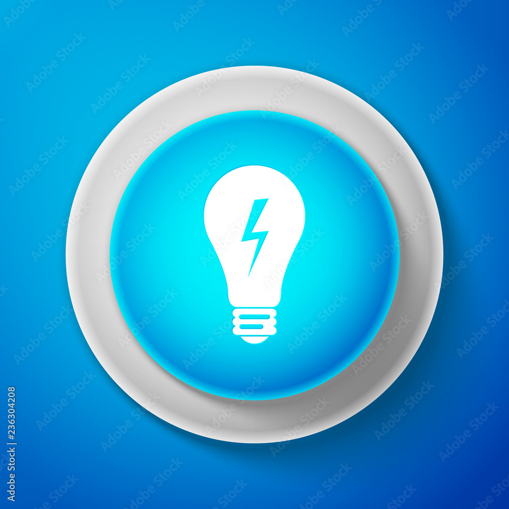 White Light lamp sign. Bulb with lightning symbol icon isolated on blue background. Idea symbol. Circle blue button with white line. Vector Illustration White Light lamp sign. Bulb with lightning symbol icon isolated on blue background. Idea symbol. Circle blue button with white line. Vector Illustration