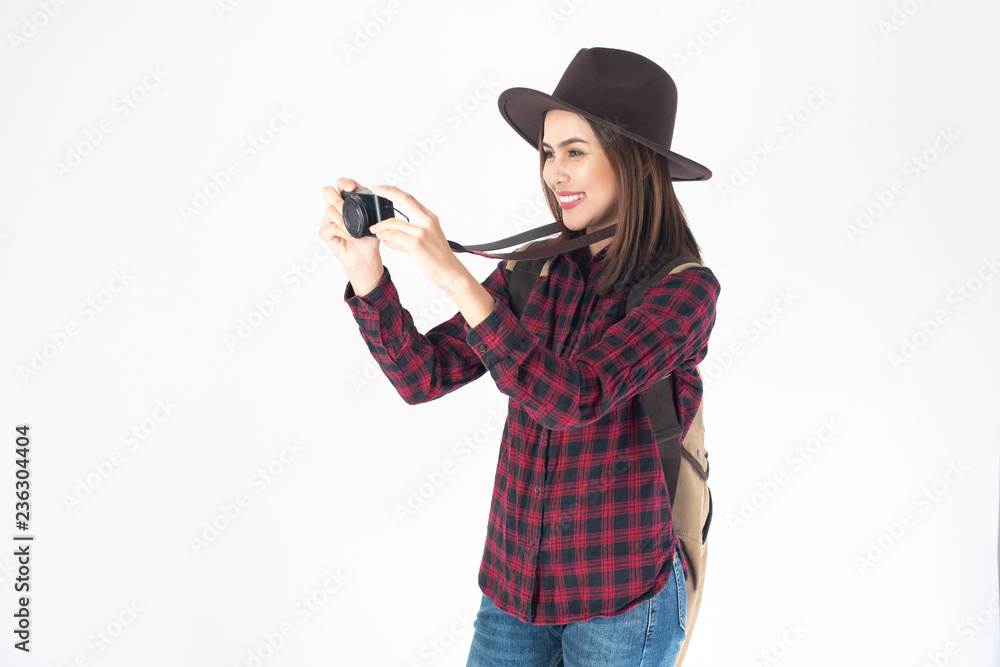 Beautiful traveller woman on white background Beautiful traveller woman on white background