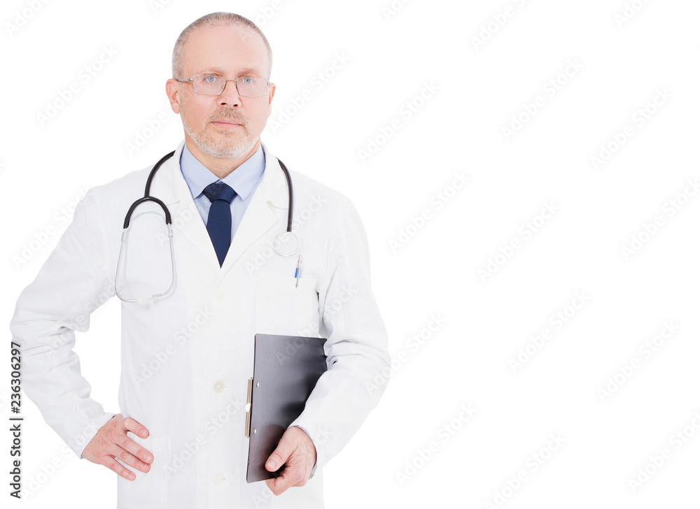 Mature male physician posing with stethoscope over white background isolated