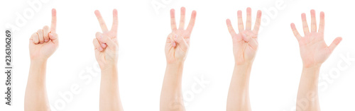 Male hands counting from one to five isolated on white background,copy space,mock up