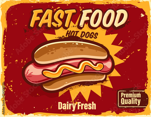 fast food retro banner with hot dog