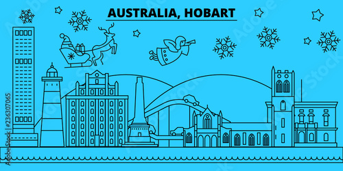 Australia, Hobart winter holidays skyline. Merry Christmas, Happy New Year decorated banner with Santa Claus.Australia, Hobart linear christmas city vector flat illustration