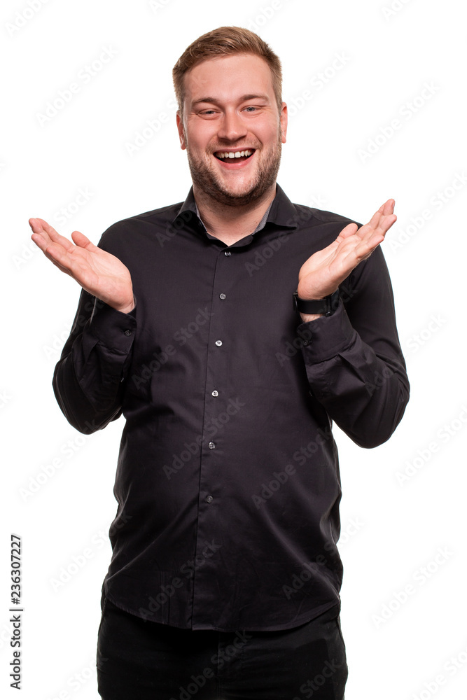 Bearded man smiling and spreading hands don't know what to say in answer. Body language. Bearded man smiling and spreading hands don't know what to say in answer. Body language.