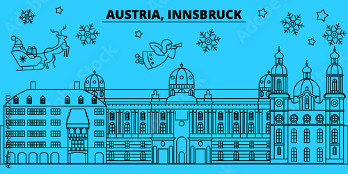 Austria, Innsbruck winter holidays skyline. Merry Christmas, Happy New Year decorated banner with Santa Claus.Austria, Innsbruck linear christmas city vector flat illustration