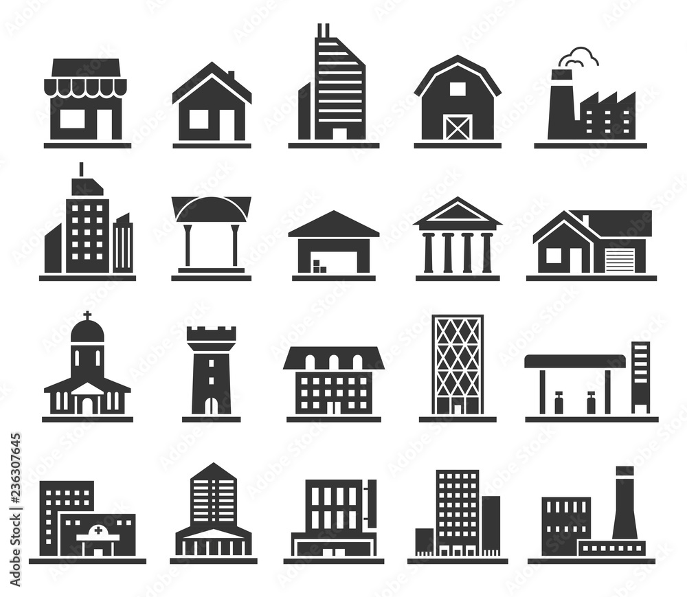 Building facade construction and town home icon set