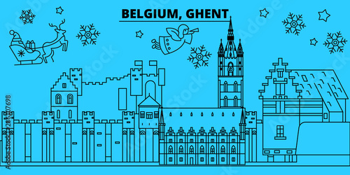 Belgium, Ghent winter holidays skyline. Merry Christmas, Happy New Year decorated banner with Santa Claus.Flat, outline vector.Belgium, Ghent linear christmas city illustration