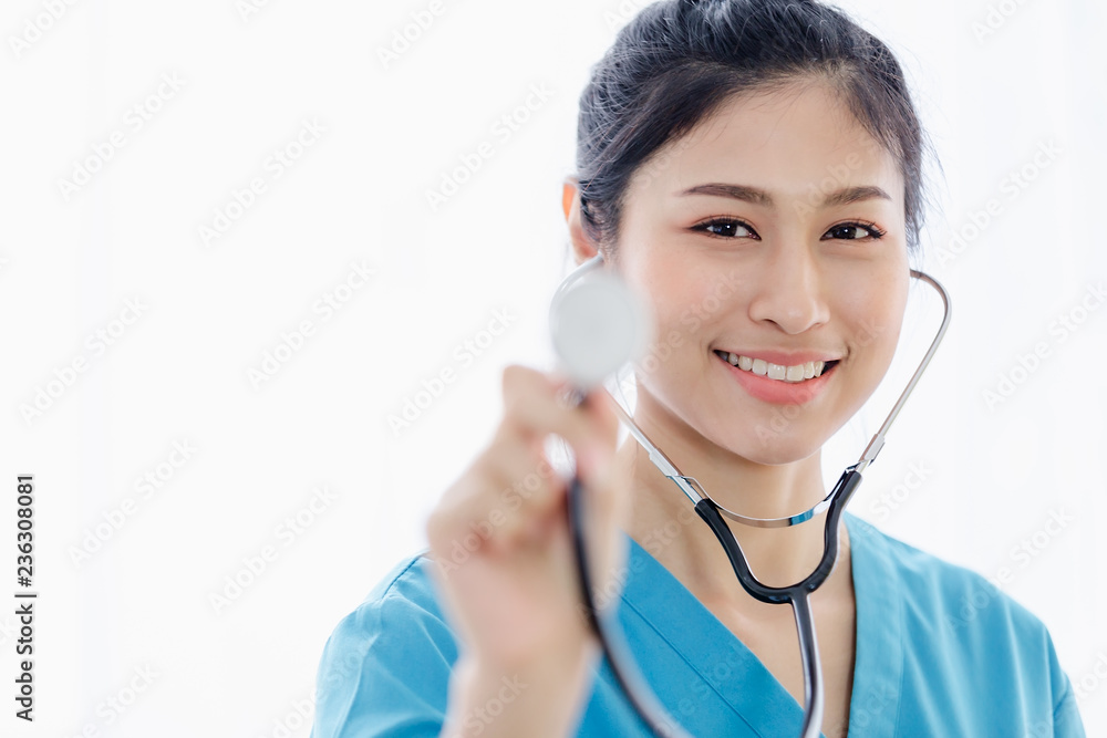 Portrait Doctor woman holding stethescope work standing in room hospital Portrait Doctor woman holding stethescope work standing in room hospital