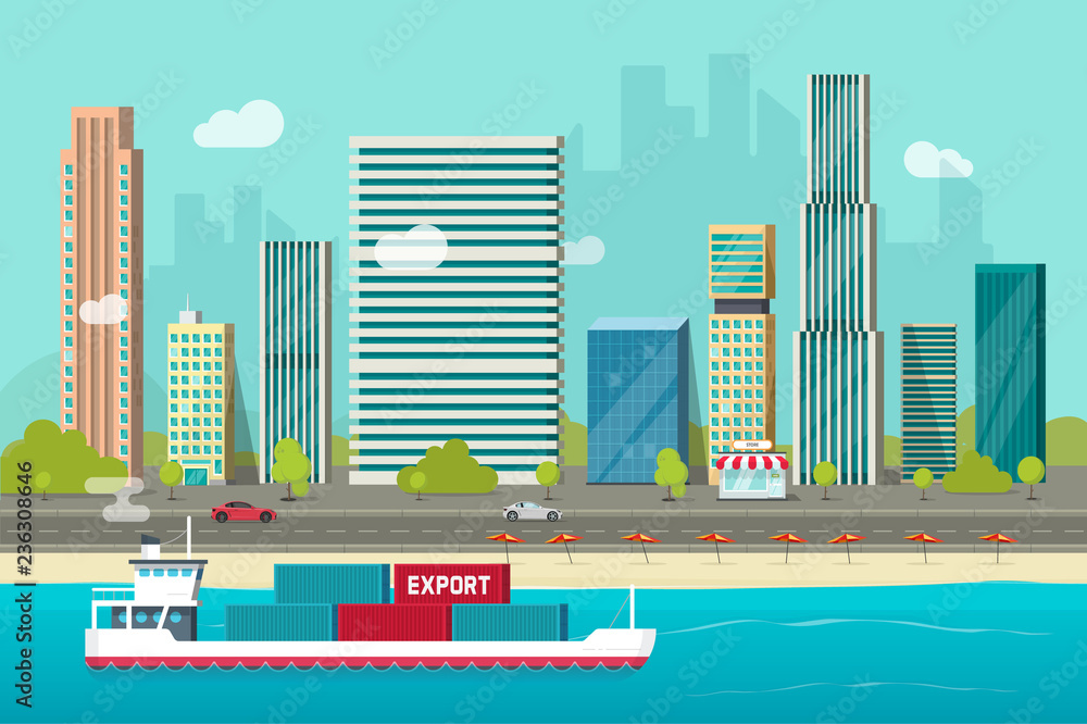 Heavy maritime container ship sailing in ocean or sea port with cargo containers vector illustration, flat carton shipping transportation vessel or containership floating near city shore harbor