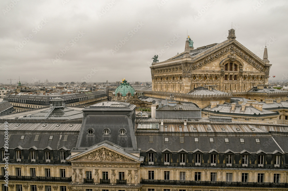 View on the rooftops of Paris with the back of the famous Opéra Garnier theatre, setting of Gaston Leroux's 1910 novel The Phantom of the Opera