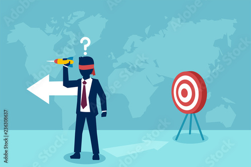 Vector of a confused blindfold businessman trying to hit a target with dart