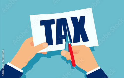 Vector of a businessman hand cutting word tax with scissors