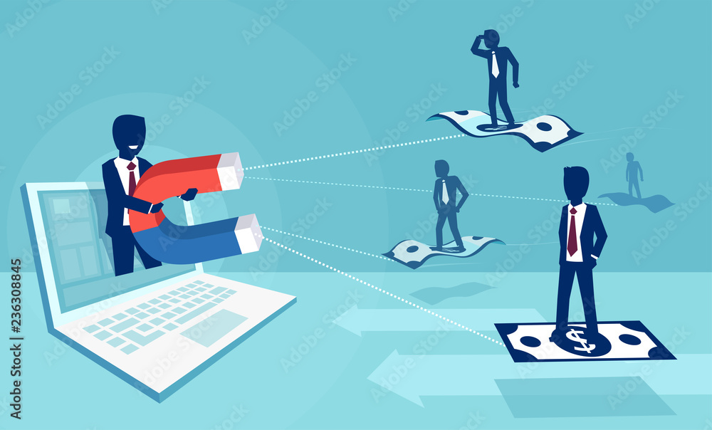 Vector of a businessman with magnet attracting people and money on social media platform Vector of a businessman with magnet attracting people and money on social media platform