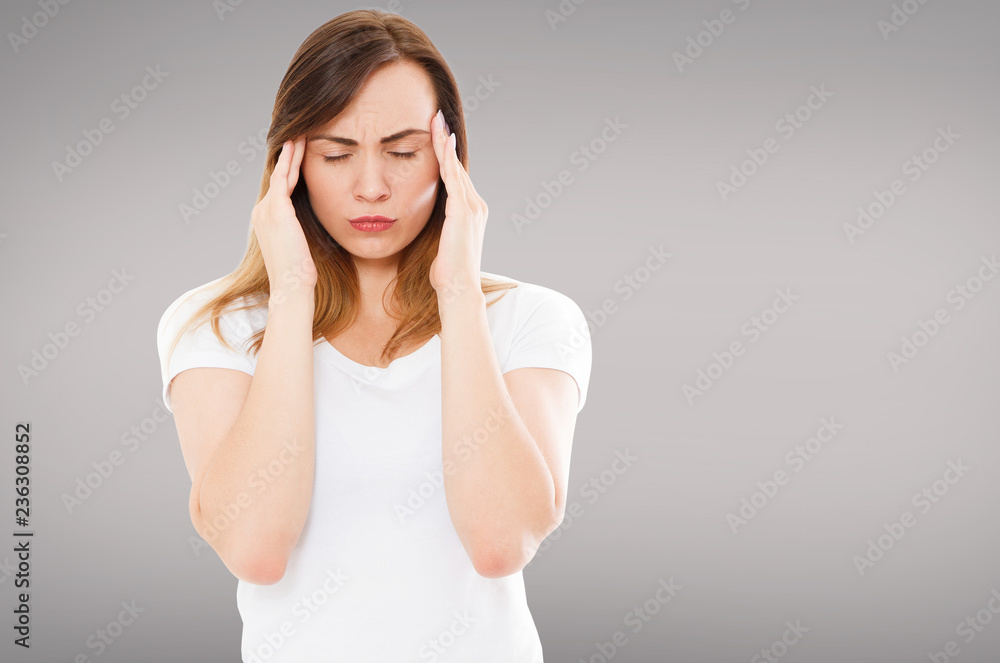 headache woman with closed eyes isolated on grey background, healthcare pain symptoms,copy space headache woman with closed eyes isolated on grey background, healthcare pain symptoms,copy space