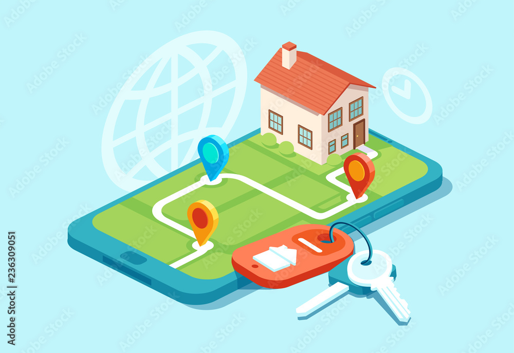 Vector of a model house on a map, house keys and icons, real estate ...