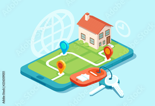 Vector of a model house on a map, house keys and icons, real estate