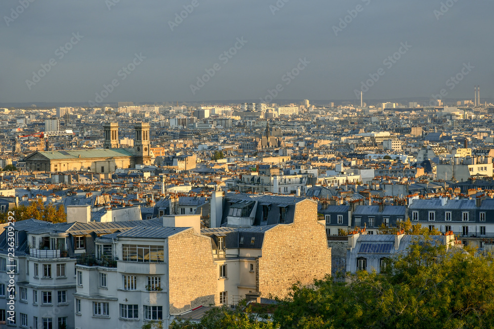 View from above of Paris with the 1844 Church of Saint Vincent de Paul in the 10th arrondissement