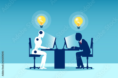 Vector of a man working with a robot sitting at table.