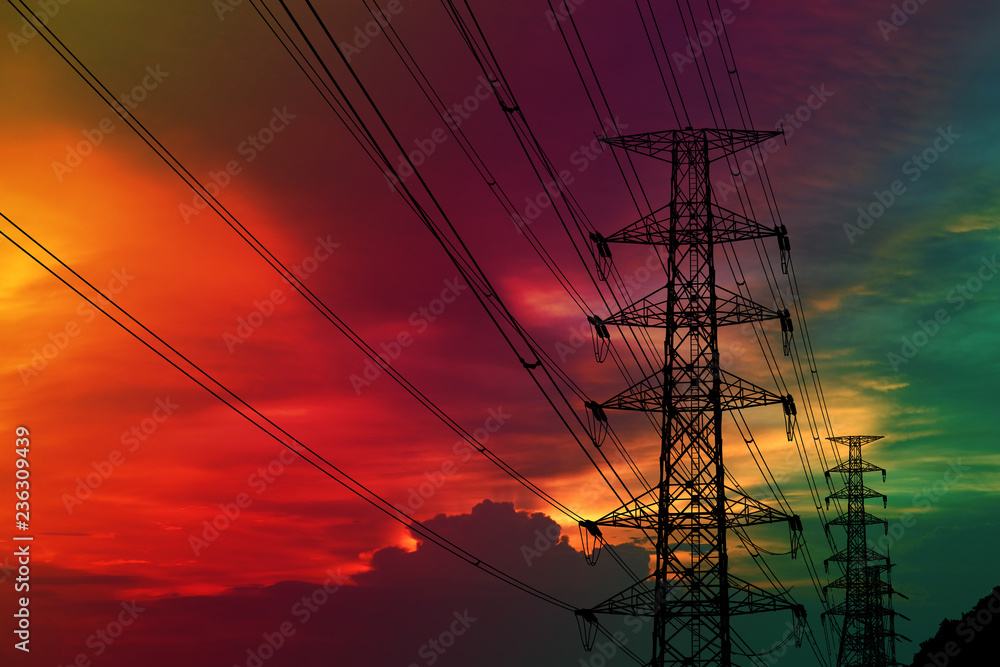 silhouette power electric pole and electric line colorful sunset sky
