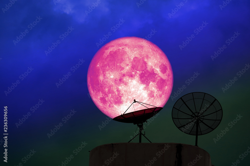 super pink moon back silhouette satellite disk night red cloud on sky super pink moon back silhouette satellite disk night red cloud on sky