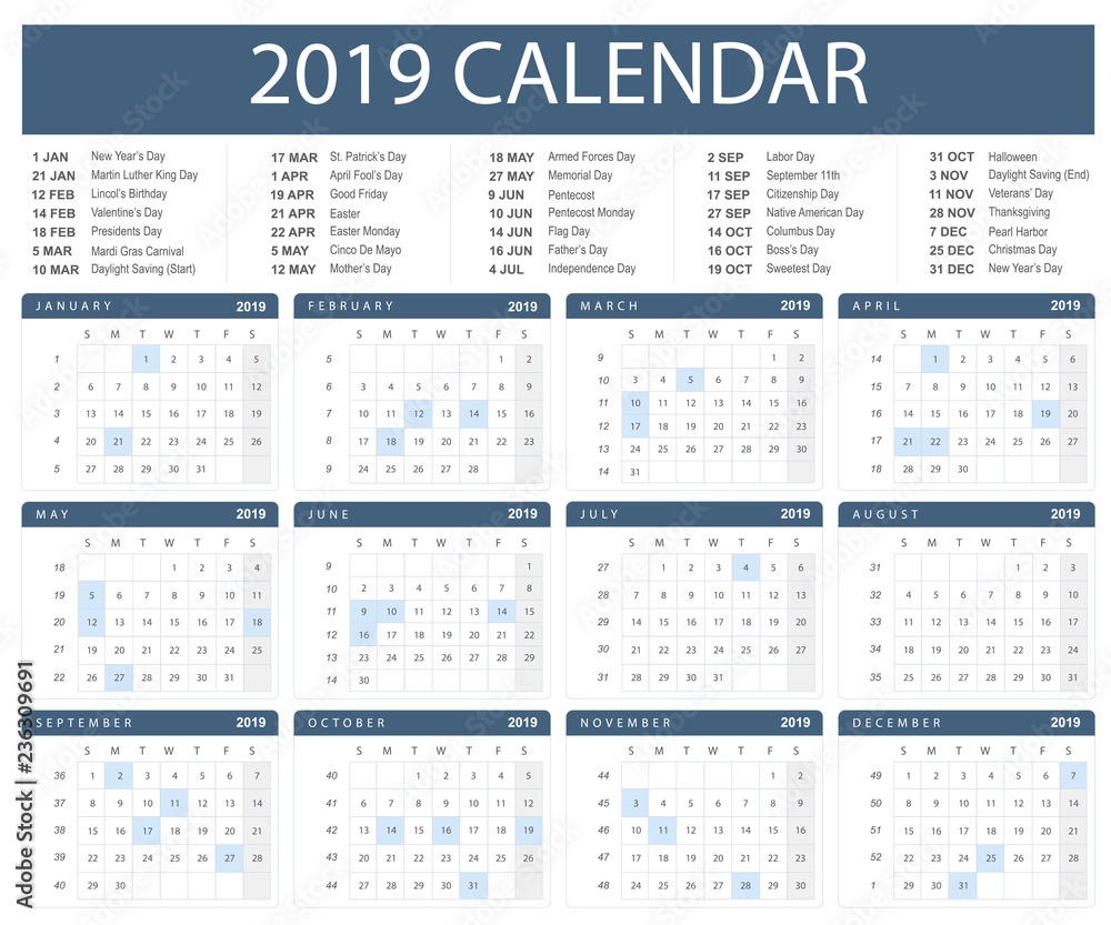 Calendar for 2019 on white background. Flat vector illustration Calendar for 2019 on white background. Flat vector illustration