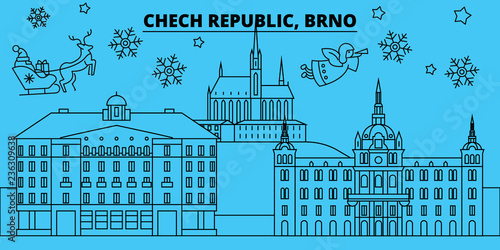 Czech Republic, Brno winter holidays skyline. Merry Christmas, Happy New Year decorated banner with Santa Claus.Flat, outline vector.Czech Republic, Brno linear christmas city illustration