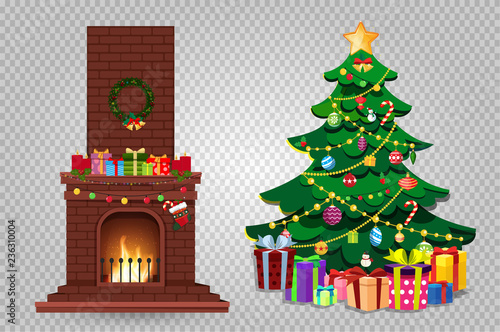 Cartoon christmas set of decorated burning fireplace and fir tree with presents clip art.