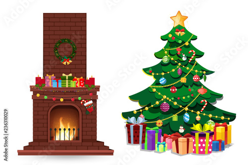 Cartoon christmas set of decorated burning fire place and fir tree with gifts on white.