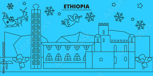 Ethiopia winter holidays skyline. Merry Christmas, Happy New Year decorated banner with Santa Claus.Flat, outline vector.Ethiopia linear christmas city illustration