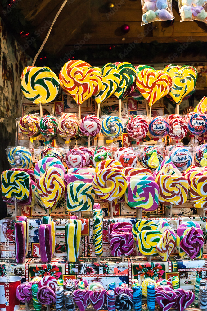 Fototapeta premium Lot of various multicolored caramel at Christmas fair