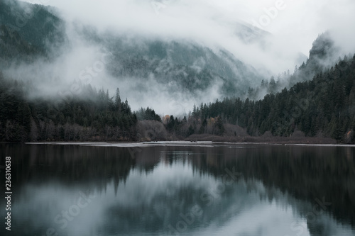 mountain reflection in lake picture vintage style