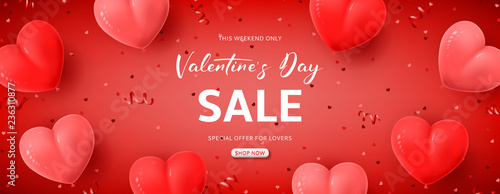 Holiday background for Valentine's Day sale. Vector illustration with red serpentine, confetti and air balloons. Promo seasonal offer.