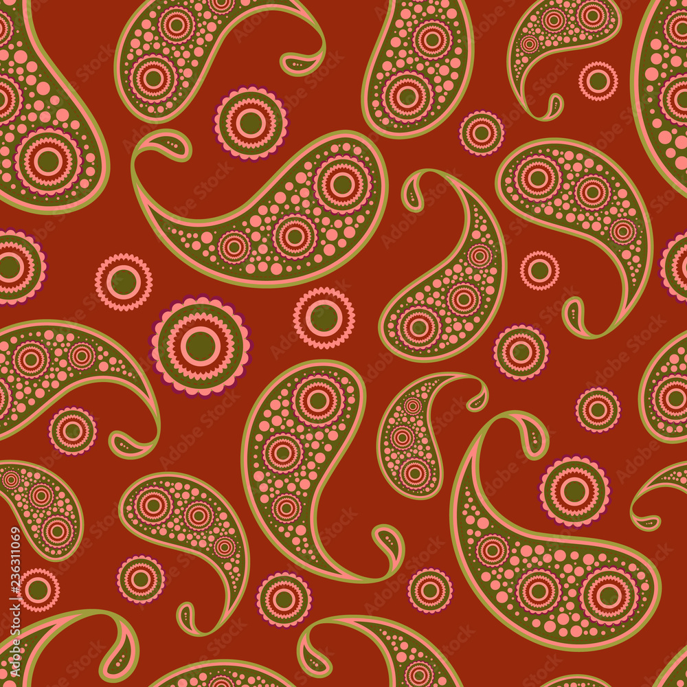 Seamless print pattern. Drawn with flowers and traditional paisley elements on a bright color background. Vector illustration Seamless print pattern. Drawn with flowers and traditional paisley elements on a bright color background. Vector illustration