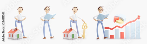 cartoon character stands with a book, small house, key and infographics. set of 3d illustrations photo