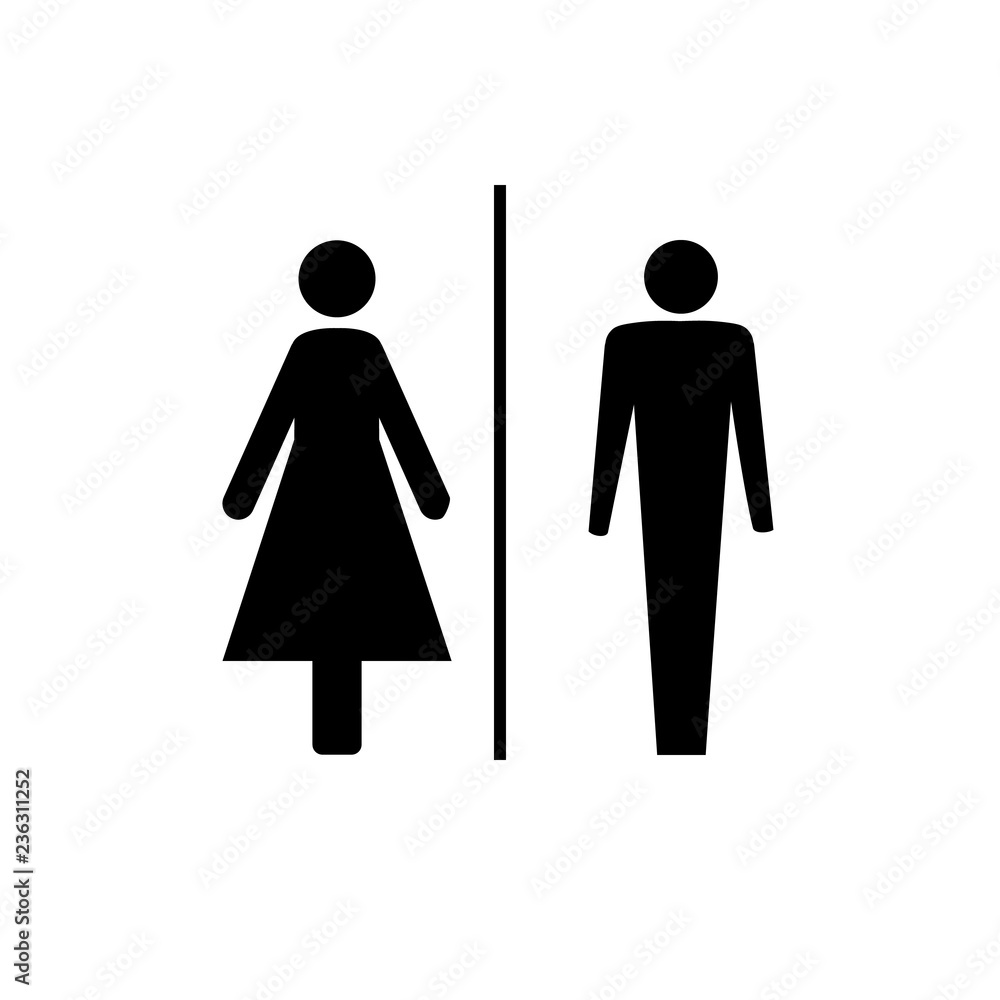 Black silhouette men and women icon in white square. Sign restroom women  and men. Icon public toilette and bathroom for hygiene. Template for  poster,sign. Flat vector image. Vector illustration Stock Vector