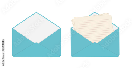 Letter in open blue envelope, blank sheets of paper, empty envelope.