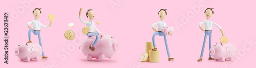 cartoon character with coin and money box pig. set of 3d illustrations