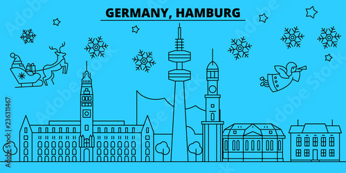 Germany, Hamburg winter holidays skyline. Merry Christmas, Happy New Year decorated banner with Santa Claus.Flat, outline vector.Germany, Hamburg linear christmas city illustration