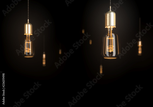 Concept vintage glowing light fuel efficiency bulbs on dark background. Lamp bulb. Light lamp. realistic 3D render. 3d illustration. Life ecology green theme concept