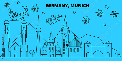 Germany, Munchen winter holidays skyline. Merry Christmas, Happy New Year decorated banner with Santa Claus.Flat, outline vector.Germany, Munchen linear christmas city illustration