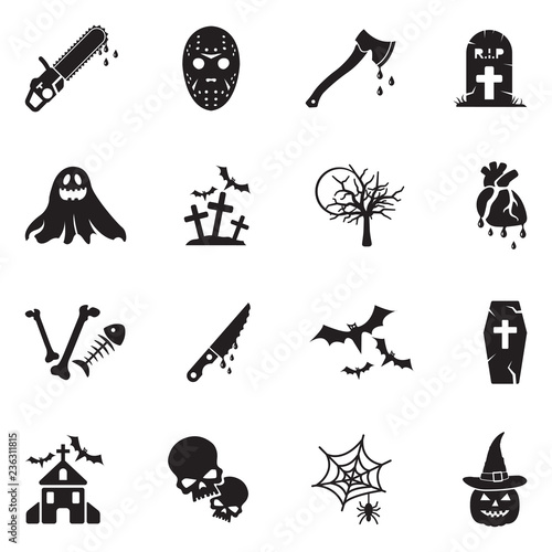 Horror Icons. Black Flat Design. Vector Illustration.