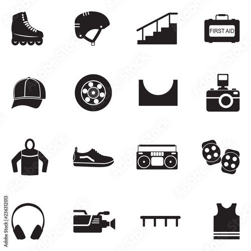 Inline Skating Icons. Black Flat Design. Vector Illustration. 