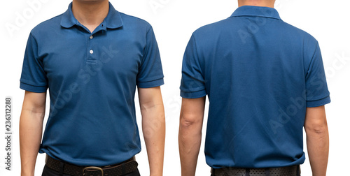 Blue blank polo t-shirt on human body for graphic design mock up photo